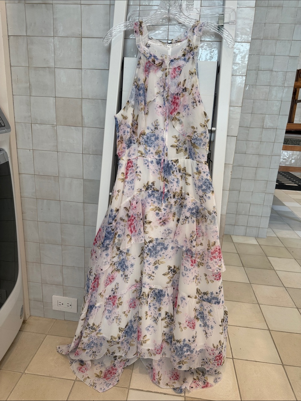 Floral Tiered Chiffon Maxi Dress in White with Blue & Pink Flowers